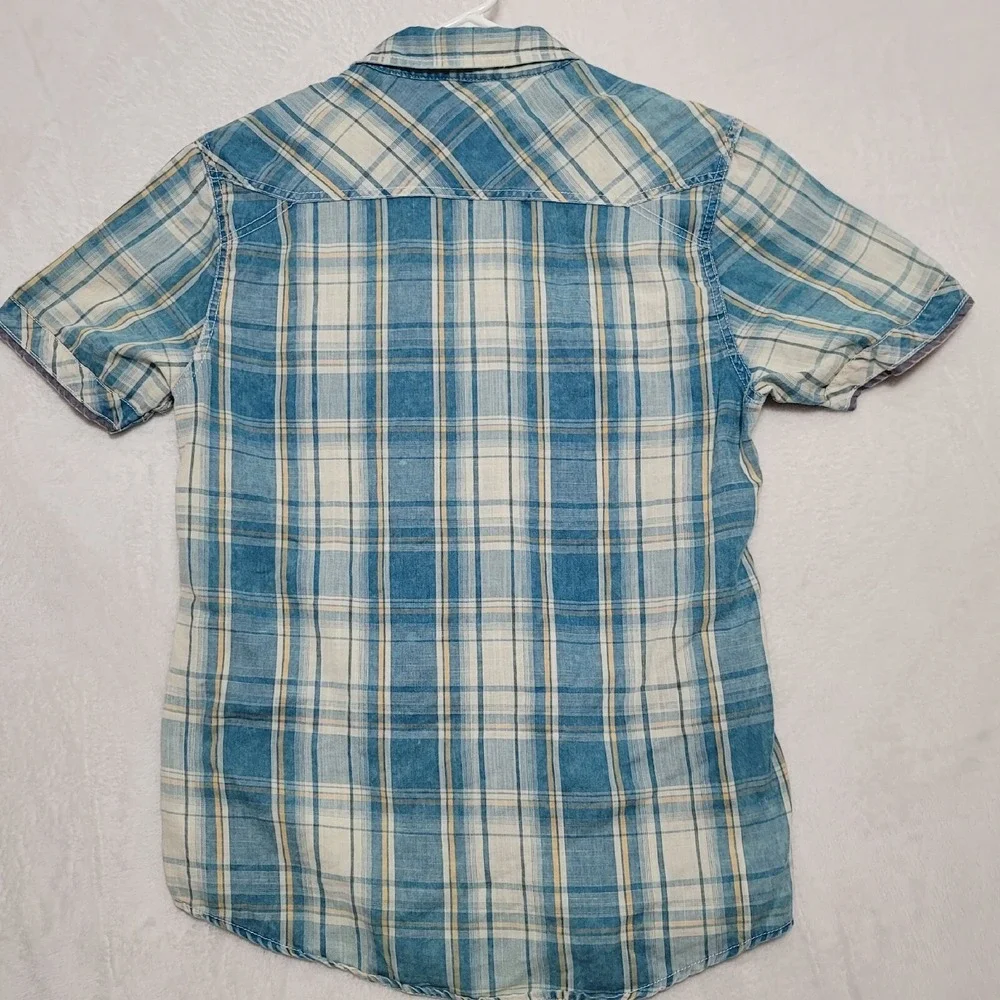 BKE Mens Pearl Snap Shirt Large Blue Plaid Western Rockabilly Vintage